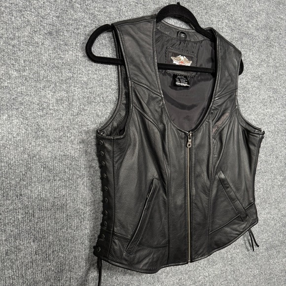 Harley Davidson Size XL Vest Black Moto Motorcycle Genuine Leather Lace Up Side - Picture 3 of 9